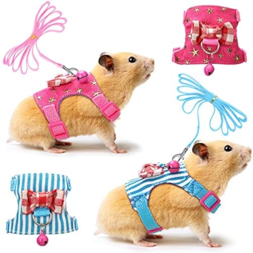 SATINIOR-2-Pieces-Small-Hamster-Harness-and-Leash-Set-Ferret-Guinea-Pig-Clothes-with-Bowknot-and-Bell-Decor-No-Pulling-Comfort-Padded-Vest-Striped-for-Rats-Bunny-Rabbit-Small-AnimalsSBlue-Pink SATINIOR 2 Pieces Small Hamster Harness and Leash Set, Ferret Guinea Pig Clothes with Bowknot and Bell Decor, No Pulling Comfort Padded Vest Striped for Rats Bunny Rabbit Small Animals(S,Blue, Pink) - Image 1
