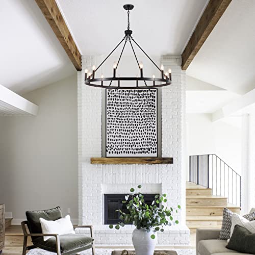 Image of 12-Lights Black Wagon Wheel Chandelier 38 inch Industrial Hanging Light Fixture for Dining Room Farmhouse Round Chandeliers for Living Room Foyer Hallway Kitchen Island Entryway