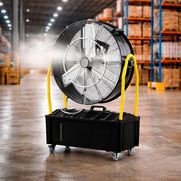 Bilake Ventilador Nebulizador Industrial | Depósito Humificador | Reduce la Temperatura | Con Ruedas | Oscilación Ajustables | Industrial, Exterior, Interior, Hogar, Comercio (Ø65cm | 25L | 300W)