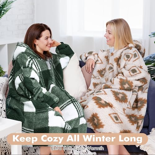 Tirrinia Oversized Blanket Hoodie, Wearable Fluffy Sherpa Blanket, Cozy Sweatshirt Blanket Gift for Adult Women Men Girlfriend, Green Plaid