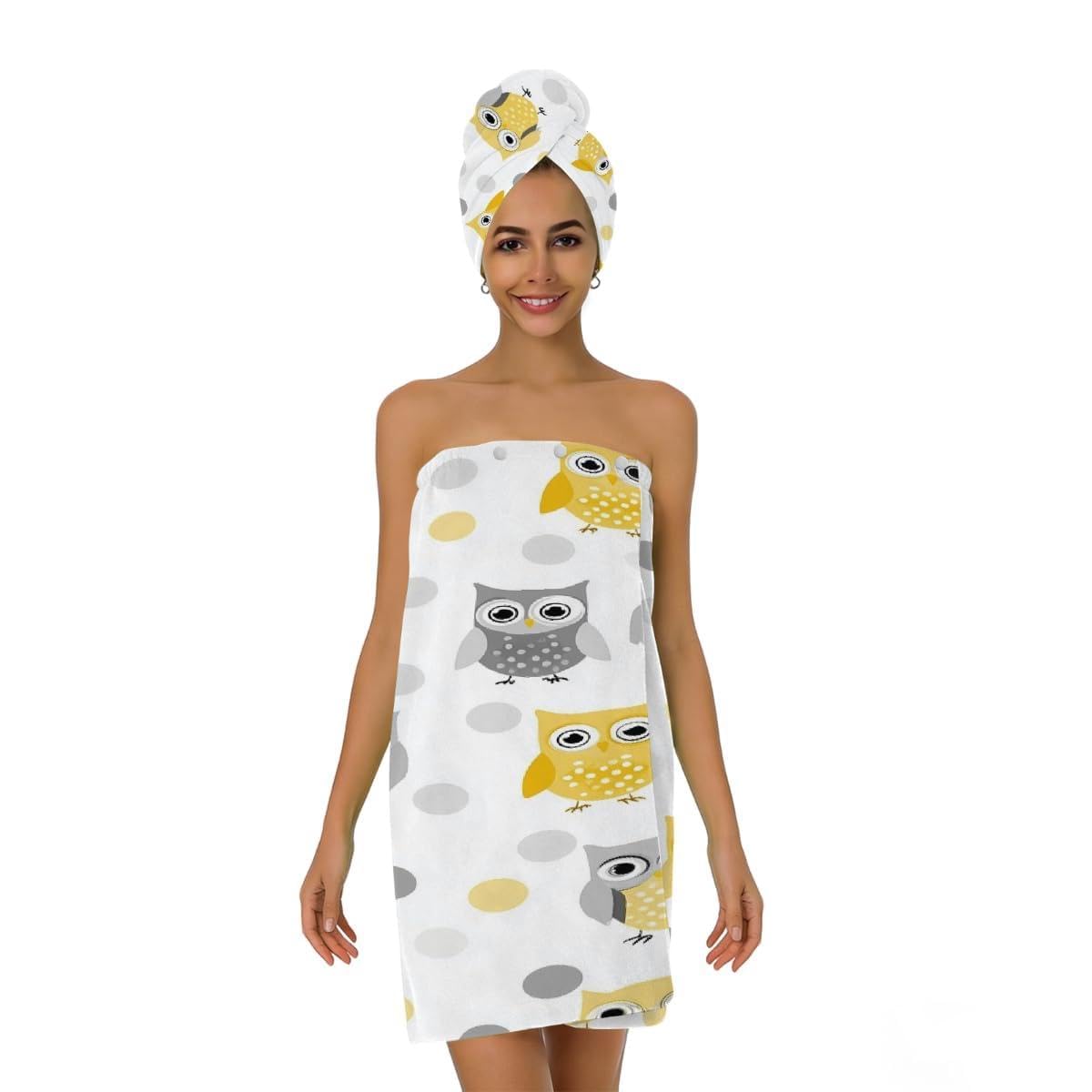 Mikrofaser-Duschtuch für Damen, mit Haar-Handtuch, niedliche gelb-graue Eulen, lustige Tiere, weiche Körperwickel, Kleid mit Haartrocknungskappe für Strand, Pool, Spa, 2 Sets