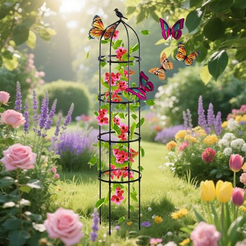 Obélisque pour Roses, Tuteur de Jardin Colonne Rosiers Support pour Plantes Grimpantes en Acier, Ø 20 25 28 32 36 40cm Métal Tour Fleurs pour Rosiers Vignes Glycine Décoration(Black,D20xH145CM)