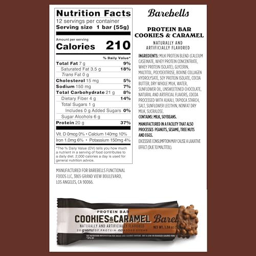 Barebells Protein Cookies and Caramel - 12 Count, 1.9oz Bars - Protein Snacks with 20g of High Protein - Chocolate Protein Bar with 1g of Total Sugars - On The Go Protein Snack & Breakfast Bars…… - 2