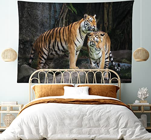 Ambesonne Animal Tapestry, Tiger Couple In The Jungle On Big Rocks Image Wild Cats In Nature Image Print, Wide Wall Hanging For Bedroom Living Room Dorm, 80" X 60", Grey And Ginger #TOP4