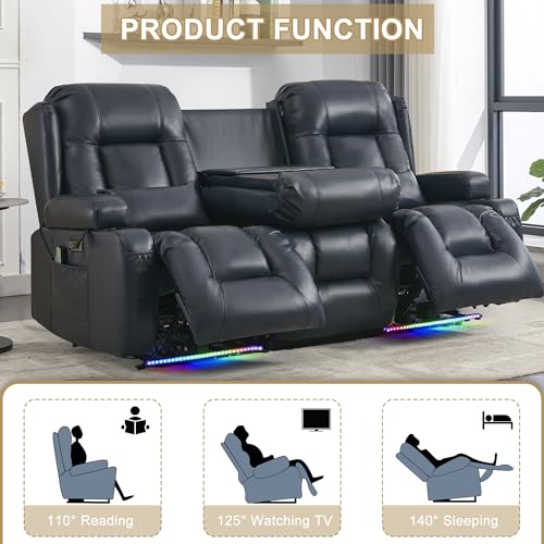 Image of URRED Power Loveseat Recliner Sofa with Massage and Heat, Wall Hugger Reclining Loveseat with Console, RV Couch Home Theater Seating with LED Lights for Living Room (Dark Blue, 76.8 inch - 3 Seats)