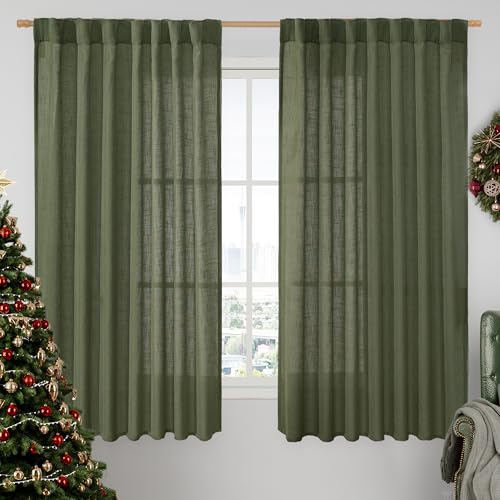 LAMIT Light Filtering Linen Curtains 63 inches Long for Bedroom, Linen Textured Semi Sheer Back Tab and Rod Pocket Olive Green Boho Christmas Drapes for Living Room, 2 Panels, 60 x 63 Inch
