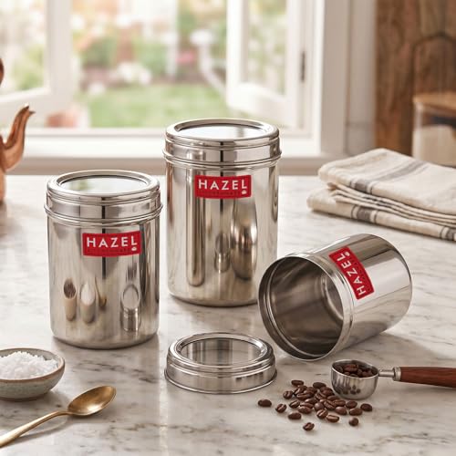 Image of HAZEL Stainless Steel Kitchen Container with Transparent Lid | Top See Through Kitchen Container Set with Matt Finish | Multipurpose Container for Kitchen Storage, Set of 3, 900 ML, 1100 ML, 1500 ML