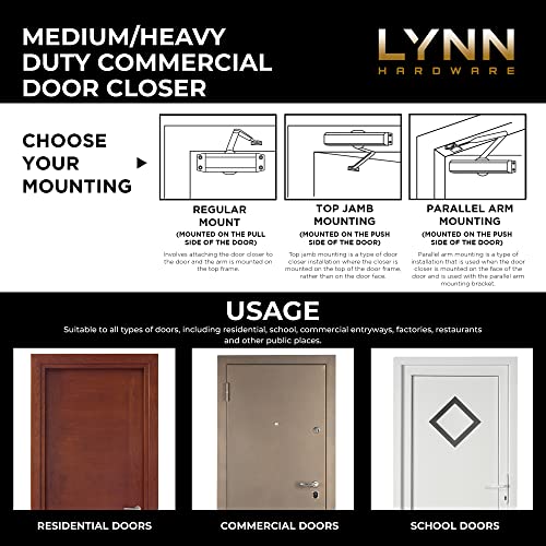 LYNN HARDWARE Medium/Heavy Duty Commercial Door Closer - DC7016 Surface Mounted, Grade 1- ADA & UL 3 Hour Fire Rated, Adjustable Size 1-6 for entrances & Aluminum storefronts- US26D Aluminum