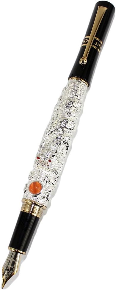 Gullor Fountain Pen Flying Dragon with Precious Stone Silver Medium Nib - White, White,Silver