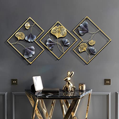 LAdrfT Decoración de pared 3D Juego de de 3, esculturas colgantes de pared de Ginkgo Biloba dorado de Metal para sala de estar, dormitorio, baño, cocina y oficina