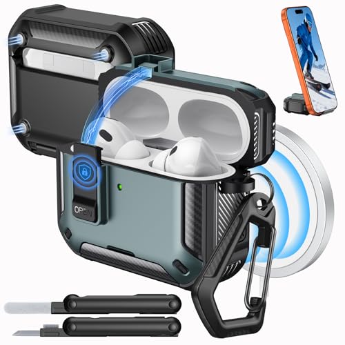 MoKo for AirPods Pro 3 Case with Lock 2025 - Compatible with MagSafe, Phone Stand & Auto Pop-up for AirPods Pro 3rd Generation Case, Military-Grade Protective Cover with Cleaner Kit, Green