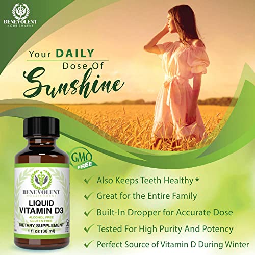 Benevolent Nourishment Vitamin D3 Drops 5000 Iu - Potent & Effective 1000 Iu Per Drop - Fast Absorbing Liquid Dietary Supplement - 100% Alcohol & Gluten Free #TOP2