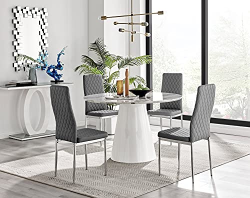 Furniturebox UK Palma White Marble Effect Round Pedestal Dining Table and 4 Grey Faux Leather Silver Leg Milan Dining Chairs