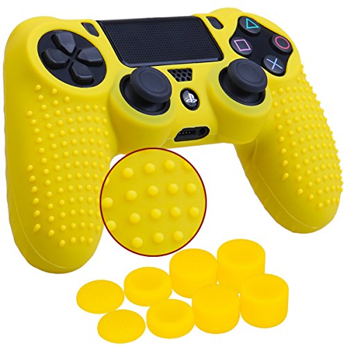 Yorha Studded Silicone Cover Skin Case For Sony Ps4/Slim/Pro Dualshock 4 Controller X 1(Yellow) With Pro Thumb Grips X 8 #TOP12