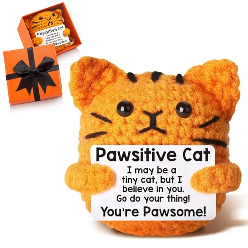 Handmade Emotional Support Crochet Positive Cat with Inspirational Cards in Gift Box Pawsitive Knitted Gift Plush Doll for Cat Lover Women Men Good Luck Present for Birthday Office Home Desk Decor