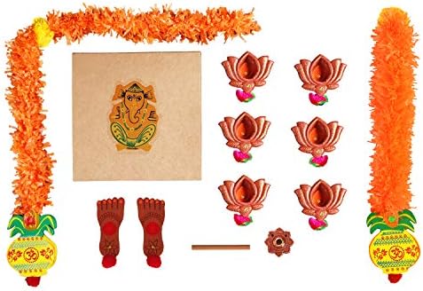 storeindya, Diwali Decoration Gifts Set of 6 Earthen Diyas Toran Door Hanging Earthen Lakshmi Feet/Charan Paduka Dhoop Stick Holder Home Décor Festive Celebration Festival Lights