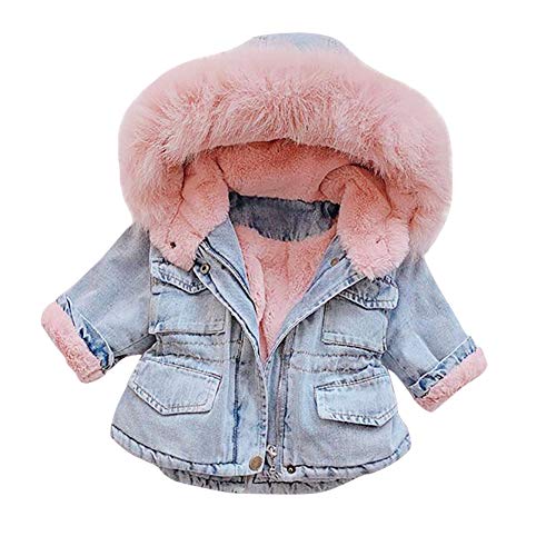 Kids Little Big Girls Winter Hooded Fur Collar Thick Denim Jacket Jean Coat Long Sleeve Warm Plush Faux Fur Fleece Zip Pocket Windproof Parka Down Outwear for Toddler Baby Boys Blush Pink 6-7 Years