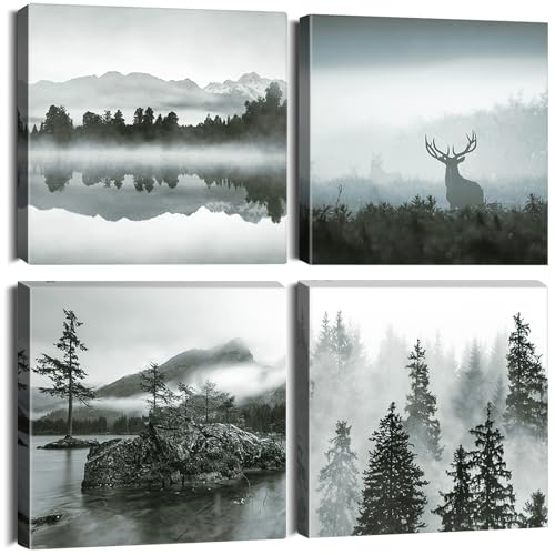Artscope 4 Teilig Leinwandbilder mit Wald und Nebel Motiv Kunstdruck -...