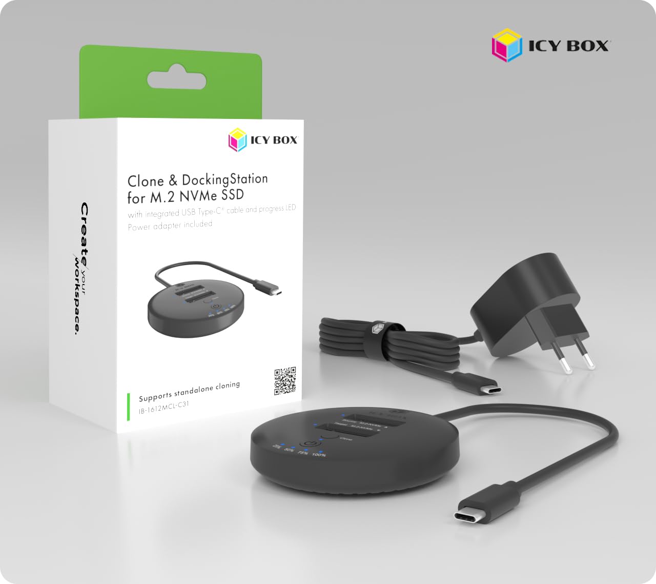 ICY Box M.2 NVMe SSD Clonage et DockingStation, USB-C 3.1 Gen 2, jusqu'à 10 Gbit/s, Double Baie, clonage Automatique sans PC, pour SSD 22 x 30/42/60/80/110 mm, IB-1612MCL-C31
