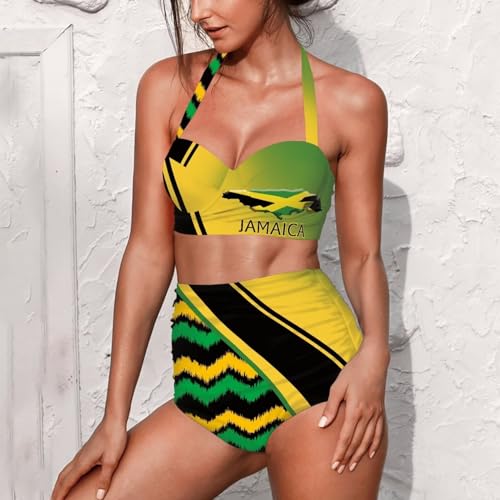 Two Pieces Women Swimsuit High Waist Bikini Set Halter Top Ruffle Tummy Control Bathing Suit Vintage Swimsuit2