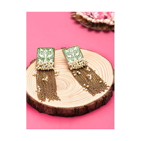 Zaveri Pearls Pastel Green Meenakari Chain Fringe Clustered Pearls Dangle Earring For Women-ZPFK10137 - Image 6