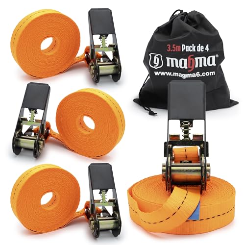 MAGMA 4 Correas de Trinquete 3,5m, 800Kgf/unit. Cinchos, Cinchas de Amarre, Eslingas con Carraca, Remolque Baca Kayak Tabla de Surf Piraguas Canoa Bicicleta Moto, Longitud Ajustable. Naranja