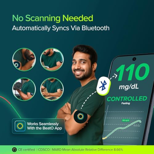 Image of BeatO CGM Glucose Monitor for diabetes + 15 Day Expert Coaching Plan| Bluetooth Connected CGM Sugar Test Machine for home | 15-Day Glucose Tracking | No-Scan, One-Push Application (Pack of 4)