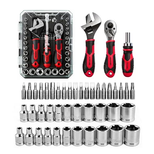Image of ironcube 53-Piece Socket Ratchet Wrench Set, with 20-In-1 Ratcheting Screwdriver & 2-in-1 Adjustable Wrench for Garage, Auto Repair, Household Backyard & College Dorm