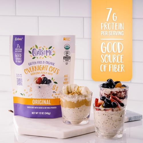 Image of Oatsome Organic Overnight Oats with Chia, Flax, & Hemp, Gluten-Free Oatmeal with 7g of Protein, 2 lb 8 oz (40oz) Bag (Pack of 2)