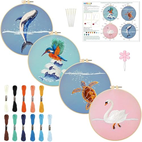 Image of INFUNLY 4 Sets Whale Embroidery Kits for Beginner Bird Cross Stitch Starter Kits with Instructions for Adults DIY Embroidery Needlepoint Sets with Animal Pattern Embroidery Cloth Hoops Threads Tools