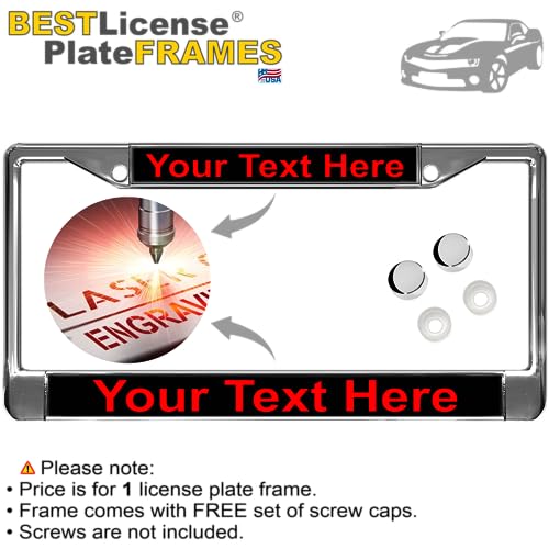 Image of Custom Personalized Chrome-Plated Metal Laser Engraved Standard Size - Car /Automobile License Plate Frame with Free caps - Black /Red Text (Qty: 1 Frame)