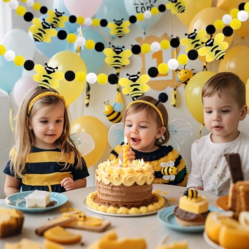 Image of 3 Pcs Honey Bee Decorations Bee Felt Garlands Pre-Strung Hanging Banner Bees Pom Pom Happy Bee's Day Party Supplies for Baby Shower Birthday Party
