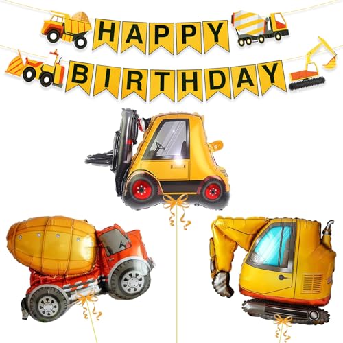 Image of Rozi Decoration Construction Theme Birthday Decoration Set - Truck, Excavator & Mixer Foil Balloons with Happy Birthday Banner for Kids Party Supplies Set of 4 Pcs