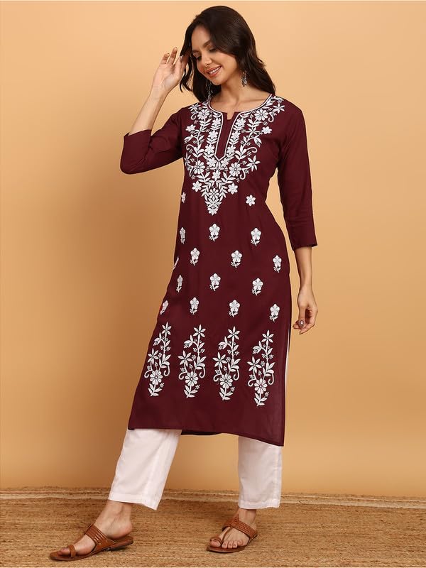 Image of Women Pink Ethnic motifs Embroidered Lucknowi Chikankari Long Kurti