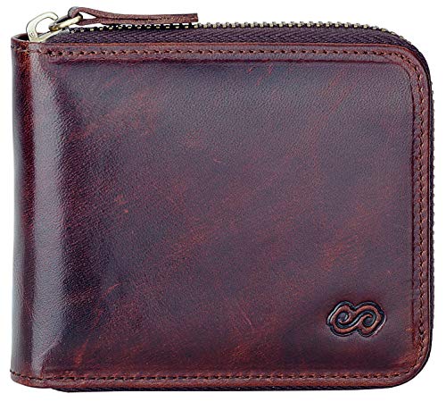 EE Men's Leather Zipper Wallet RFID Blocking Zip Around Wallet Bifold Multi Card Holder Purse dark brown