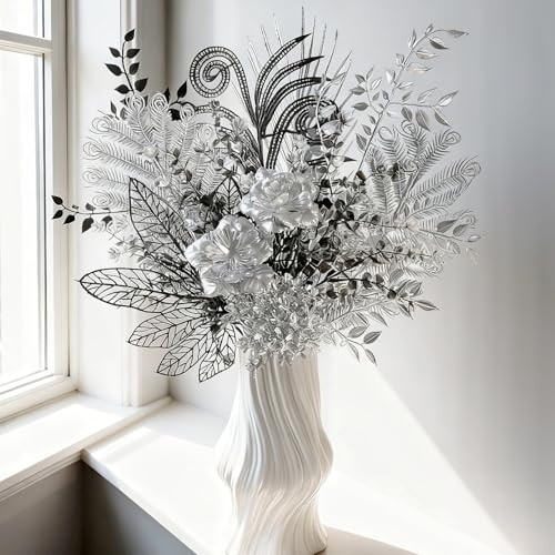Shimmering Black and Silver Artificial Bouquet Modern Gothic Silk Flowers