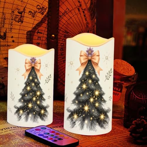 Image of Christmas Electric Flameless Candles Set of 4 | Christmas Tree Pattern, Flameless Candle Set with Timer, Battery Operated, Fake Candles for Living Room, Table Centerpieces
