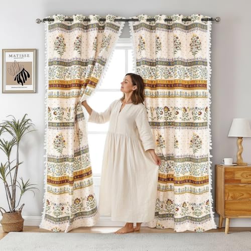 Image of Amazon Brand - Umi Bohemian Curtains for Window, Microfiber Cotton Curtain 5 Feet Long Pack of 2 Curtain with Tassels,Eyelets Included, 40-60% Room Darkening
