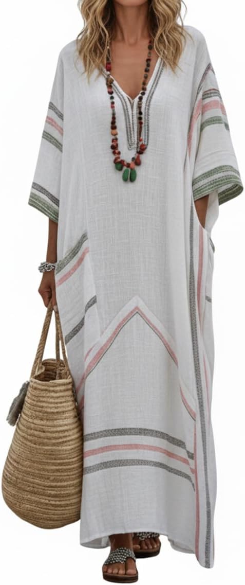 Akivide Women's Loose Beach Kaftan Maxi Dresses Summer Boho Vacation Caftan Dress with Pockets Swimsuit Cover Up
