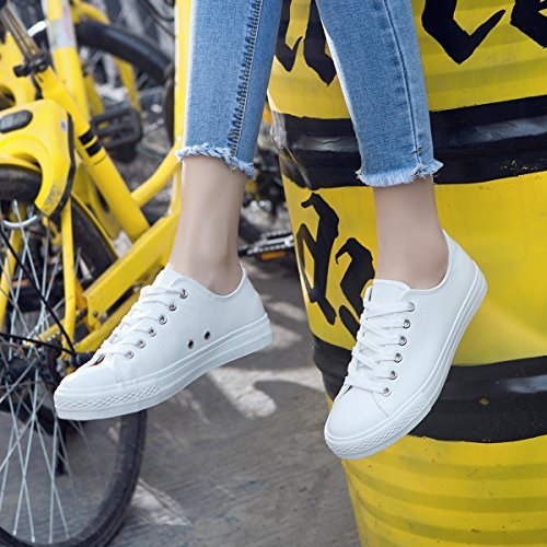 AOMAIS Womens Fashion PU Leather Sneakers Low Top Lace up Canvas Shoes (White,US8)…