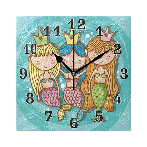 funnyy Reloj de pared cuadrado de acrílico con diseño de princesa sirena, silencioso, sin...