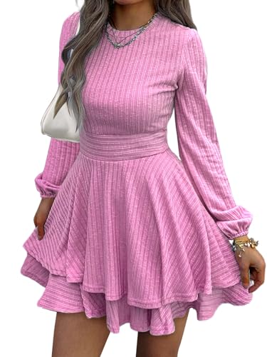 Evzeiem Womens Long Sleeve Knit Dress Casual Lantern Sleeve Crewneck Ruffle Short Flare A-Line Mini Sweater Dress, Pink M