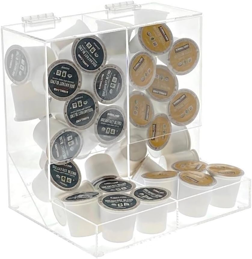 OnDisplay Acrylic 2 Section Flip Top Storage Bin for Coffee Pods/Candy/Tea/Bulk Items - Office/Home/Retail Store Display Organizer