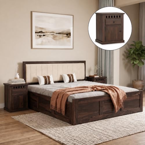 Image of SONA ART & CRAFTS Veronica Solid Sheesham Wood Bed Queen Size with Storage Box + 2 Side Tables | Wooden Bed Queen Size Cot | Upholstered Beds | Double Bed with Storage Box - Walnut Finish