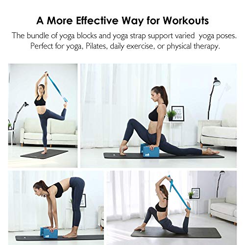 REEHUT Yoga Block 2 Pack and Metal D Ring Yoga Strap 1 Pack Combo Set, 9" x 6" x 4"High Density EVA Foam Block to Support and Deepen Poses, 8FT Yoga Belt for Stretching, General Fitness (Turquoise)