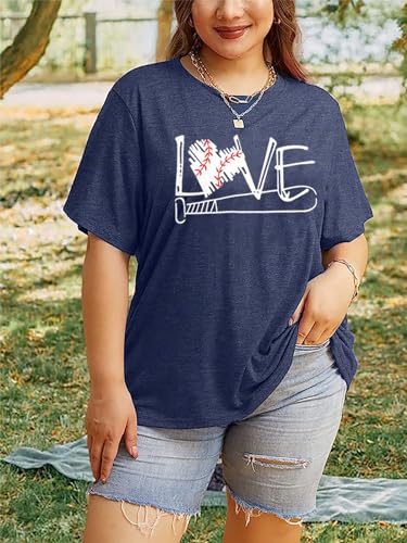 Plus Size Baseball Shirts Women Baseball Mom Shirt Heart Graphic Baseball Tee Summer Softball Short Sleeve Tops (2-5X)