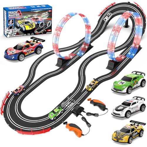 2-in-1 Slot Car Race Track Sets with 4 High-Speed Cars, Electric Track, Dual Racing Game with 2 Controllers, Circular Overpass Design Featuring Flash Tracks. Toy Gift for Boys Kids Ages 4-6 6-8 8-12 by Wupuaait - Used condition - US$41.07