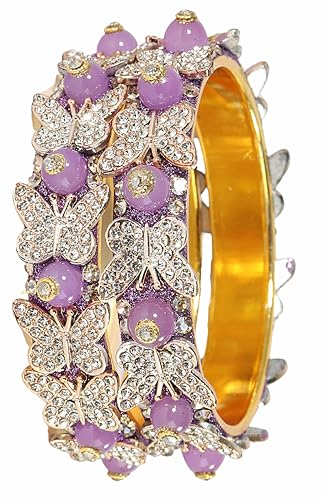 Image of LAVAZZA Stylish Butterfly Design Golden Metal with Zircon Diamond & Pearls Moti Bangles Kada For Women & Girls | Traditional Girl's Bangles Bracelet | Women's Kangan Wedding, Party-Set of 2