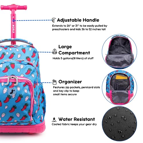 Image of J World Lollipop Kids Rolling Backpack & Lunch Bag Set for Elementary School. Carry-On Suitcase with Wheels, Strawberry