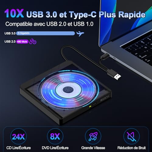 Beizkna Lecteur CD DVD Externe pour PC USB 3.0 & Type C Portable Lecteur DVD Graveur CD ROM +/-RW DVD Externe pour PC Laptop Desktop iMac MacBook Pro/Air Windows 11/10/ 8/7/ XP/Linux/Mac OS – vue 3